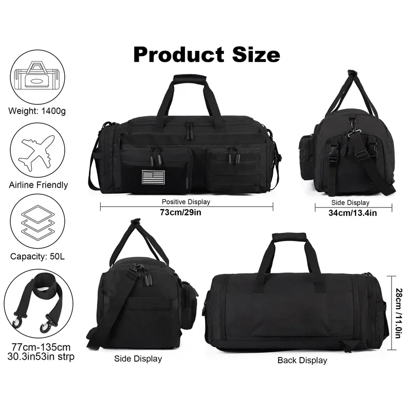 Sac de voyage 3 en 1 de 50L pour hommes, grand sac de sport, sac à dos tactique militaire avec compartiment pour chaussures et poche étanche