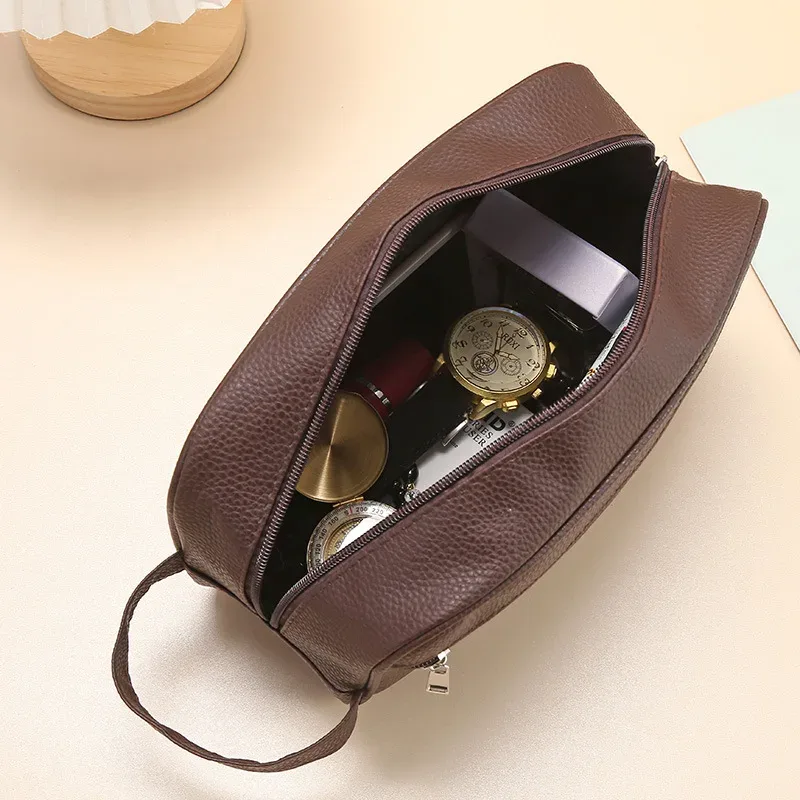 Nouvelle trousse de toilette simple en PU imperméable, sac de rangement unisexe de grande capacité, sac portable pour voyage, trousse à cosmétiques, trousse à maquillage à main