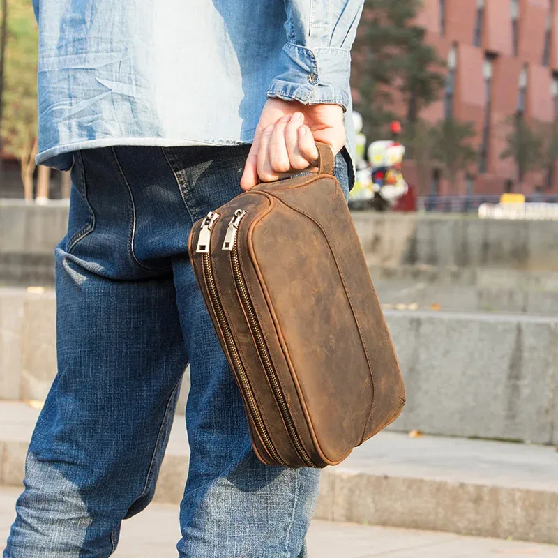 contact's-trousse de toilette en cuir véritable pour homme, trousses de toilette vintage, trousses de maquillage, sac de voyage, crazy horse