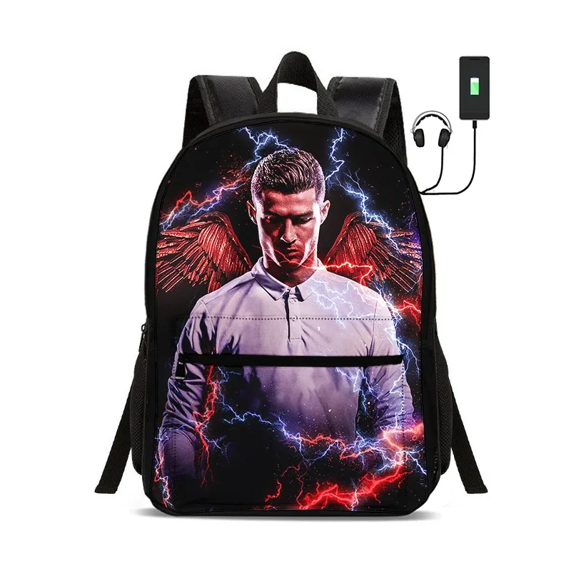 sac à dos de star du football avec interface usb, sac à dos ronaldo pour étudiants, sac à dos pour garçons et filles, meilleur cadeau