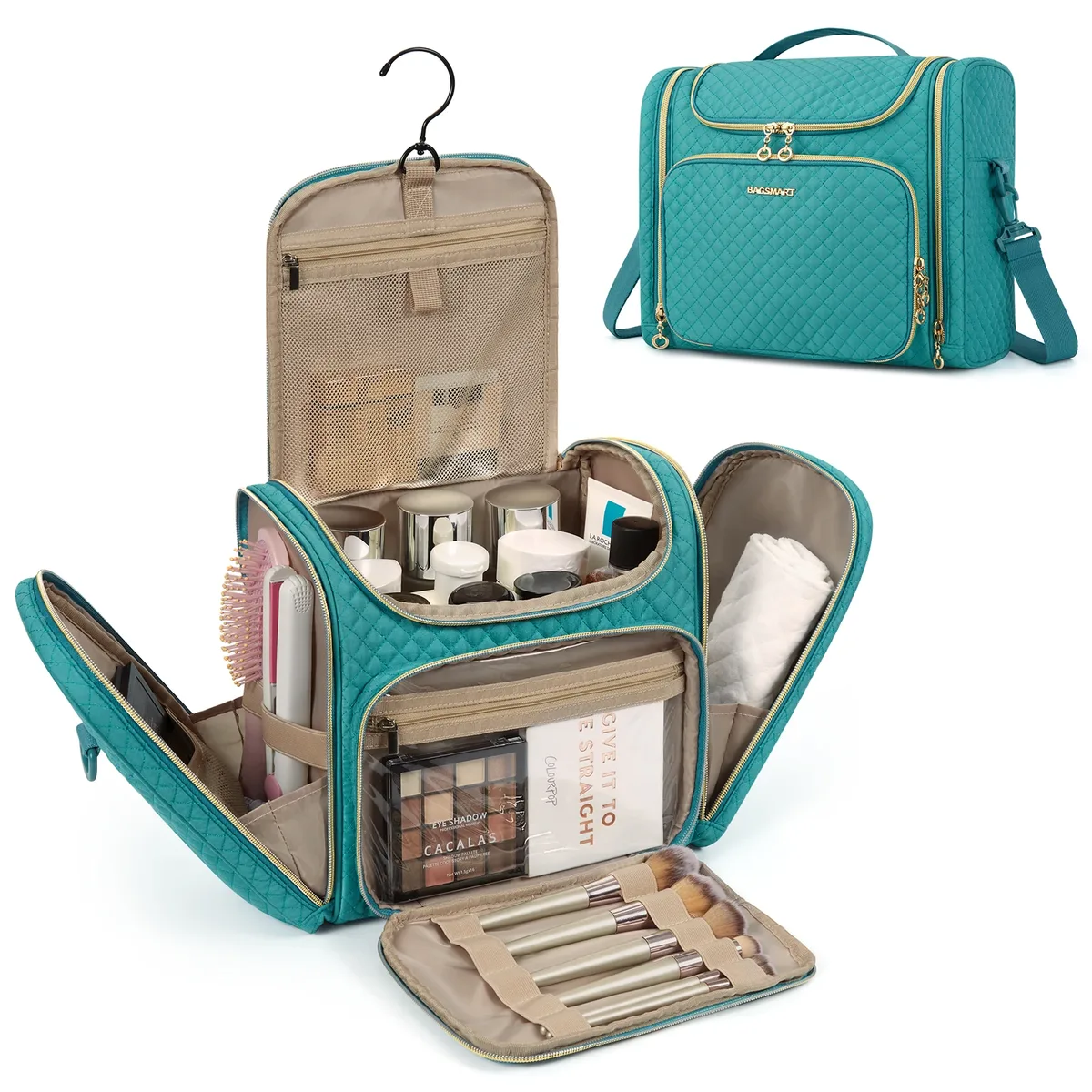 trousse toilette cosmétique pvc noir doré grande capacité organisateur voyage compartiments séparés humidificateur maquillage