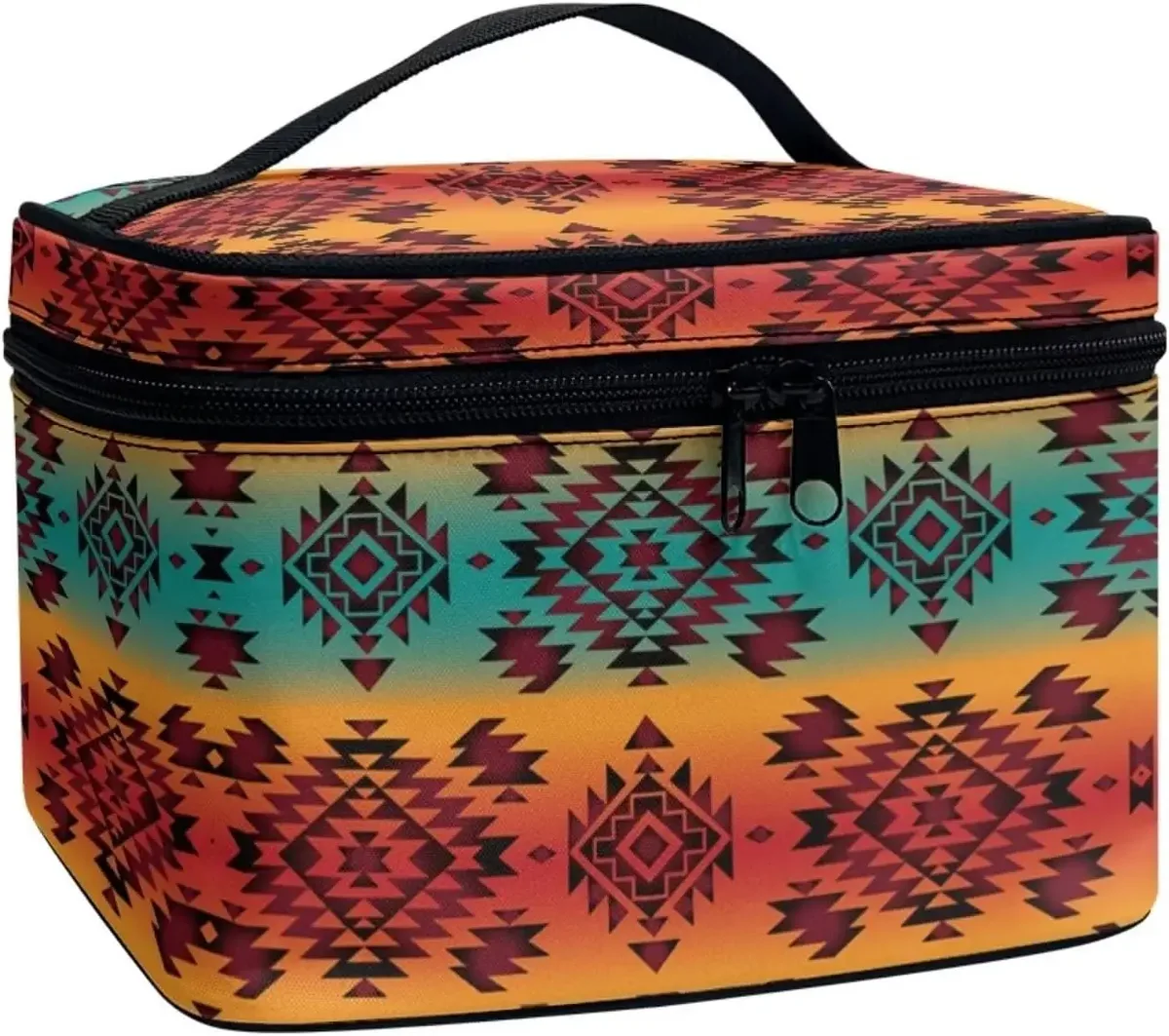 trousse polyester motif floral champignons poignée noire bleu jaune rouge vert voyage maquillage cosmétiques
