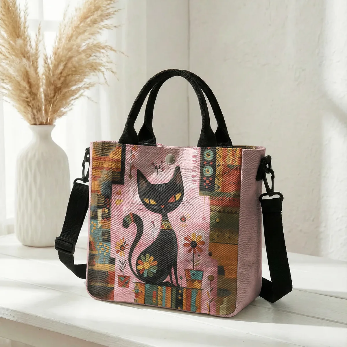 sac fourre-tout avec imprimé artistique de chat noir géométrique abstrait, sac à bandoulière avec sangle détachable pour femmes, pour les courses quotidiennes