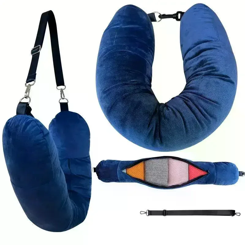 oreiller voyage cou velours doux noir glissière sac rangement bleu marine transport nuit avion confort sécurité