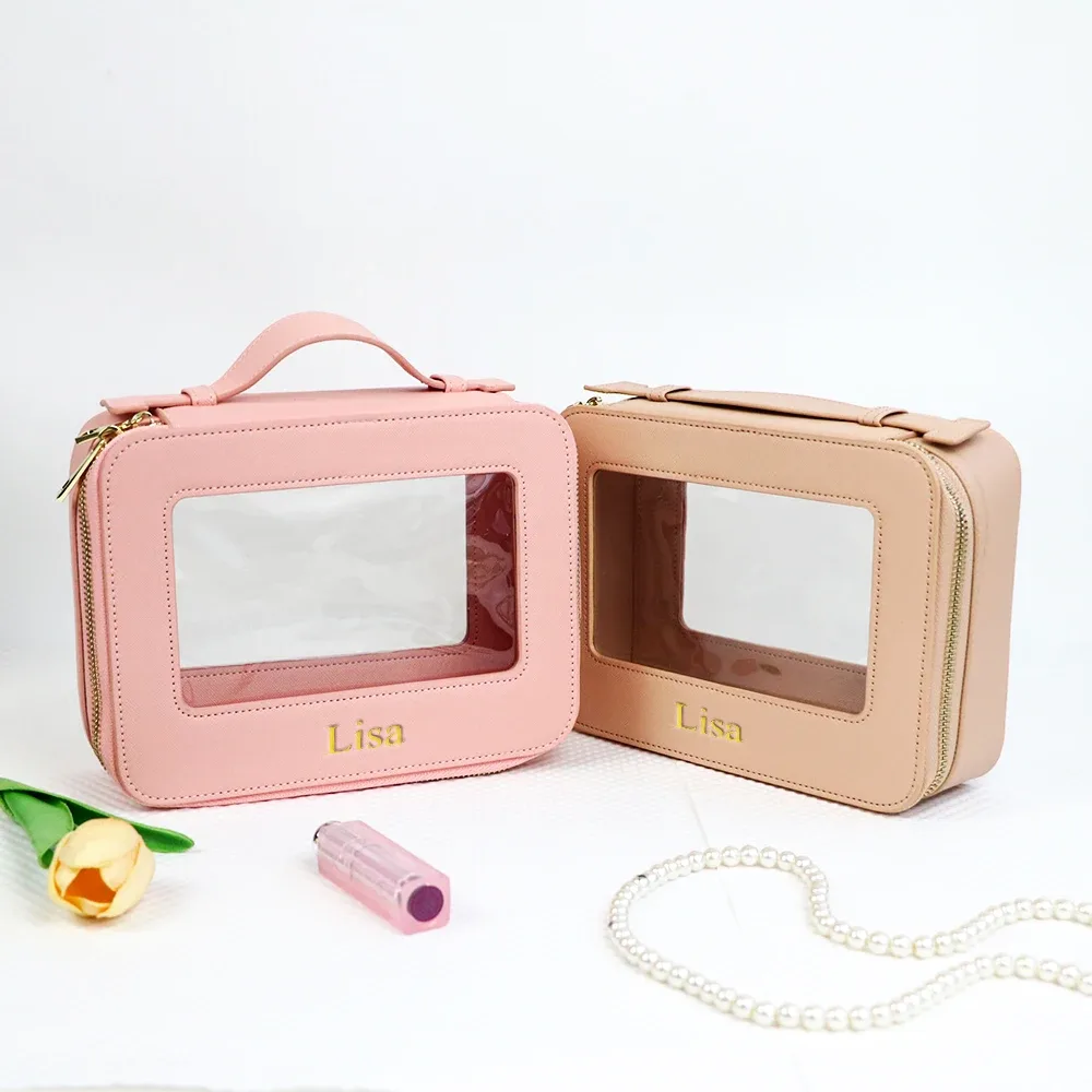 pochette à maquillage personnalisée en cuir, sac de rangement pour pinceaux de maquillage imperméable, sac de rangement portable en pvc pour soins de la peau, trousse de toilette