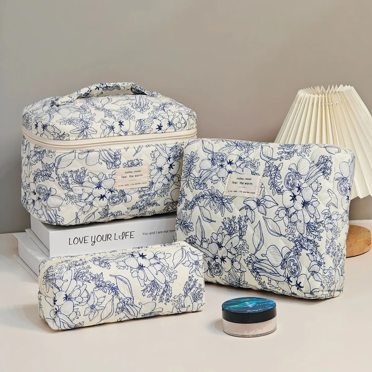 trousse de maquillage à imprimé floral de grande capacité, sac de rangement de cosmétiques de voyage portable, sac de style urbain simple avec doublure en polyester pour femmes