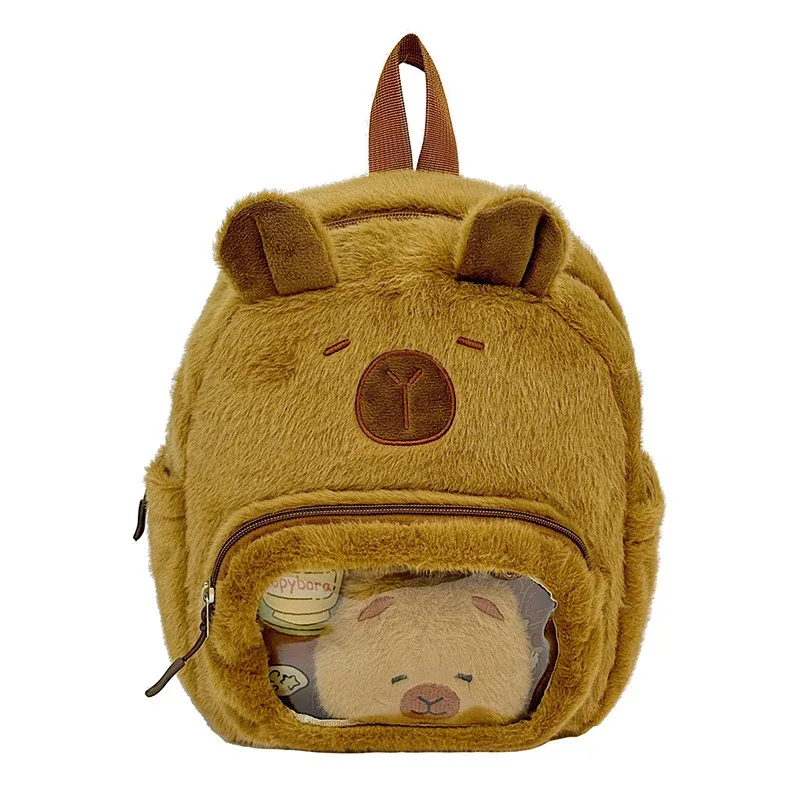 nouveau sac à bandoulière double en peluche capybara-mignon et polyvalent, sac à dos d'étudiant cochon d'inde de dessin animé mignon avec compartiment de rangement