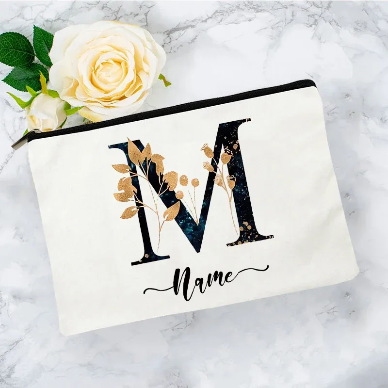 pochette organisatrice en toile noire et or de luxe avec initiales, sac de voyage pour cosmétiques, cadeau de toilette d'anniversaire avec nom personnalisé