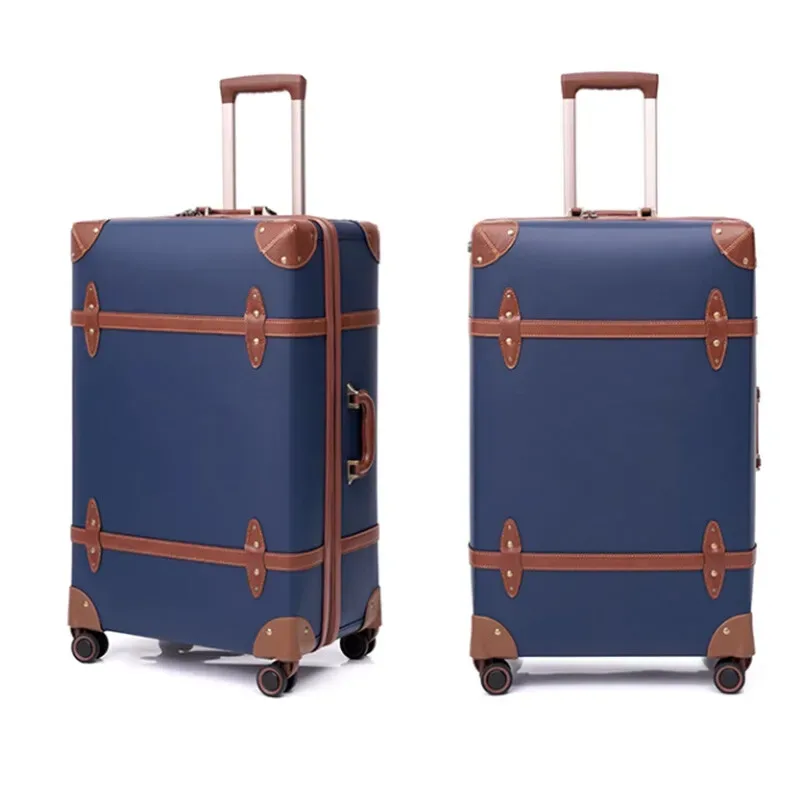 valise polypropylène bleu marron poignées latérales roulettes spinner intérieur beige rayé bagage voyage universel