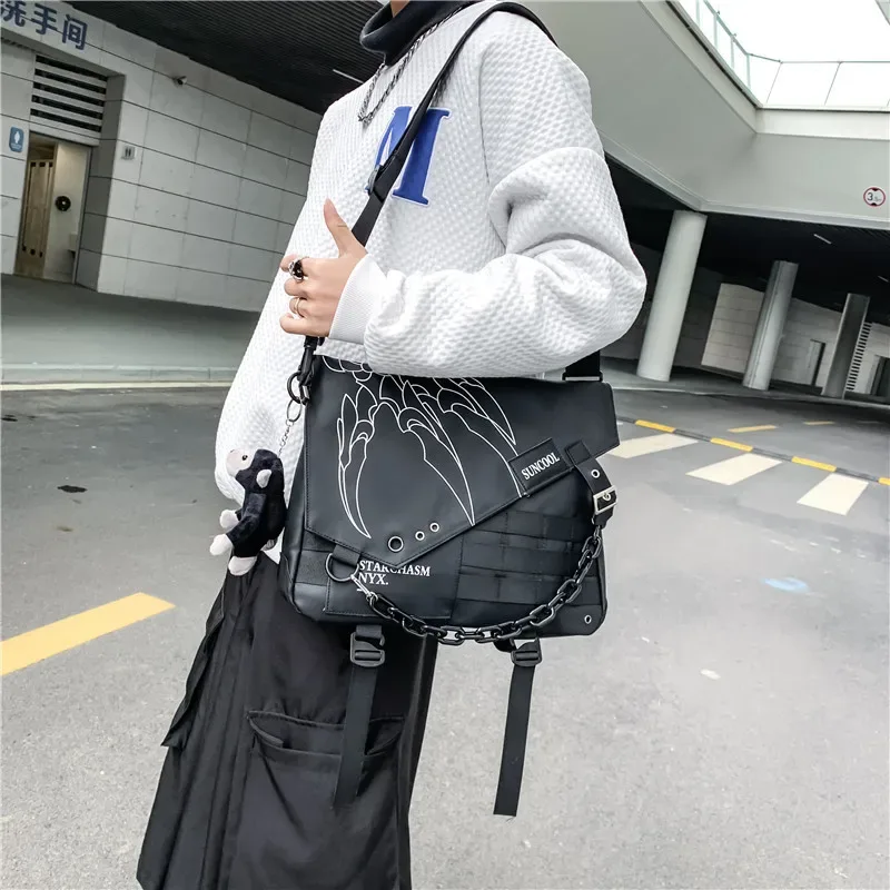 sac à bandoulière hip hop punk techwear pour hommes et femmes, sac d'école étanche multifonction, sac de messager pour ordinateur portable de voyage à démarrage unique