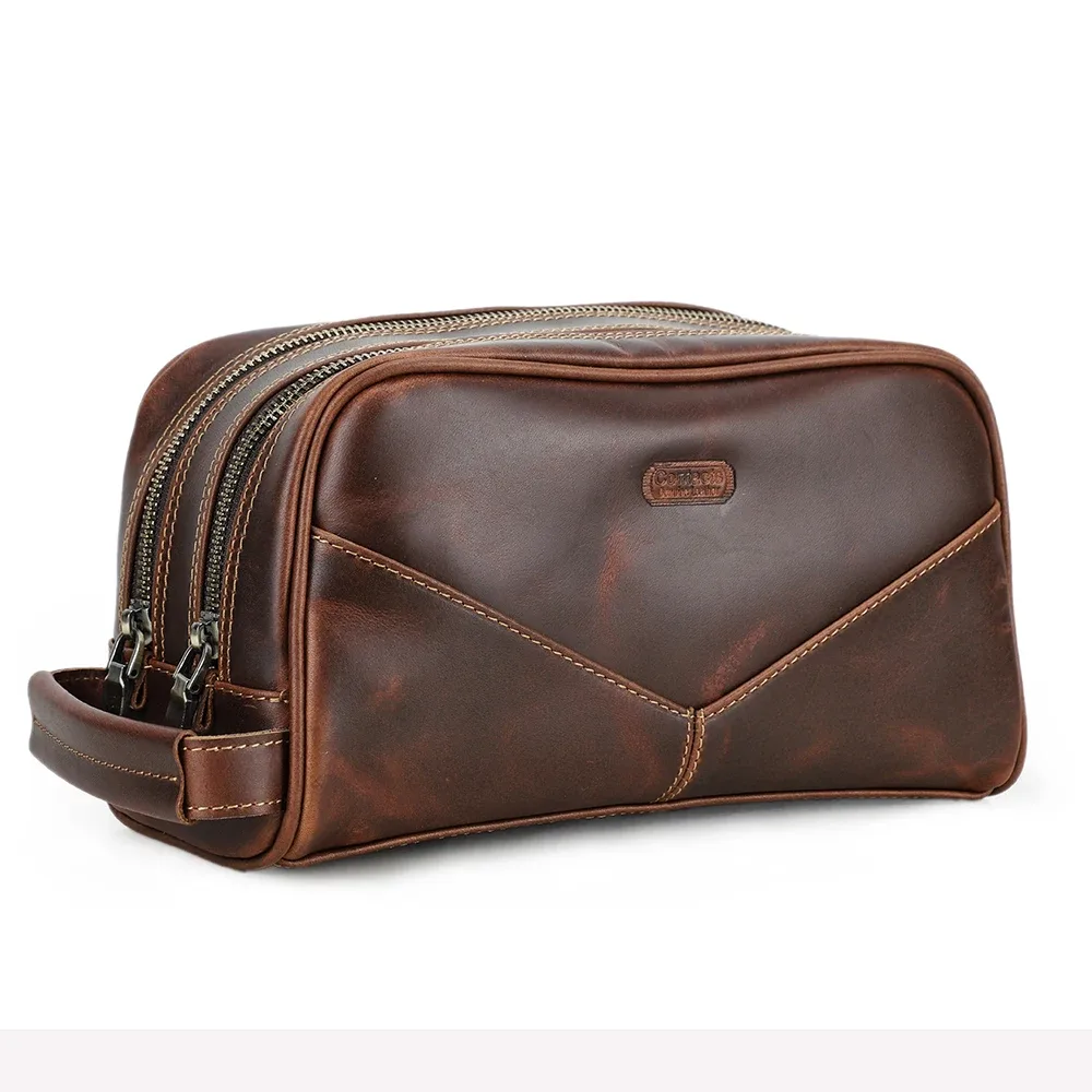trousse de toilette pour homme en cuir crazy horse vintage, sac de maquillage, trousse de voyage, sac de rangement pour produits de beauté, double fermeture éclair, organisateur pour homme.