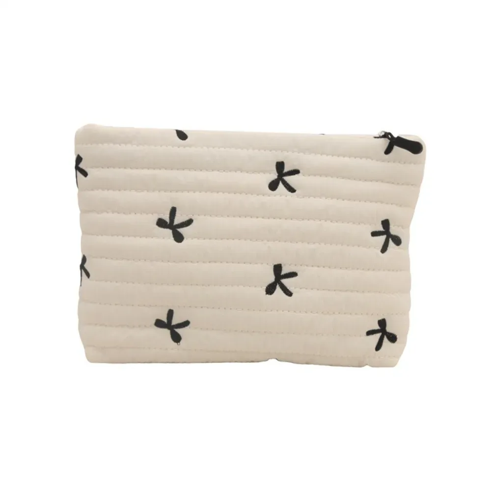 sac à cosmétiques brodé avec nœud, sac de toilette multifonctionnel de grande capacité avec fermeture éclair, sac de rangement pour serviettes hygiéniques en polyester pour femmes