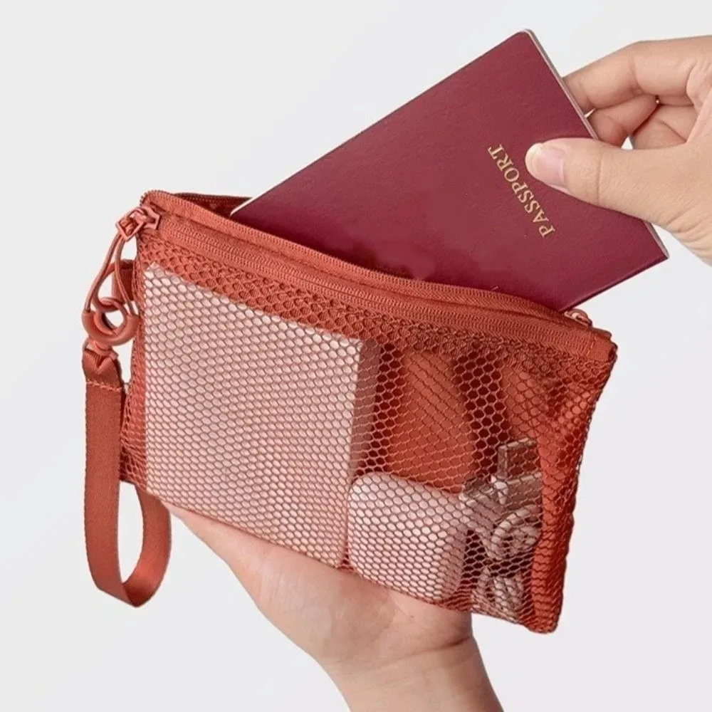 sac de rangement en maille légère avec fermeture éclair, sac à cosmétiques de couleur unie, pochette de maquillage multifonctionnelle en polyester, rangement de maquillage
