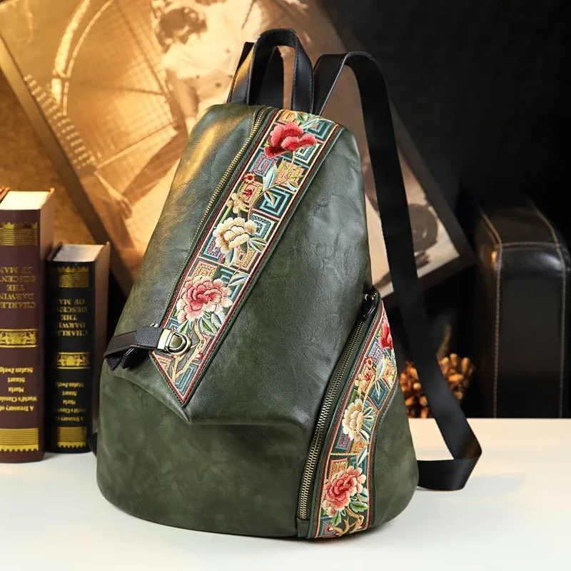 sac à dos rétro en cuir véritable pour femmes, design brodé, pour voyage, anti-vol, tendance