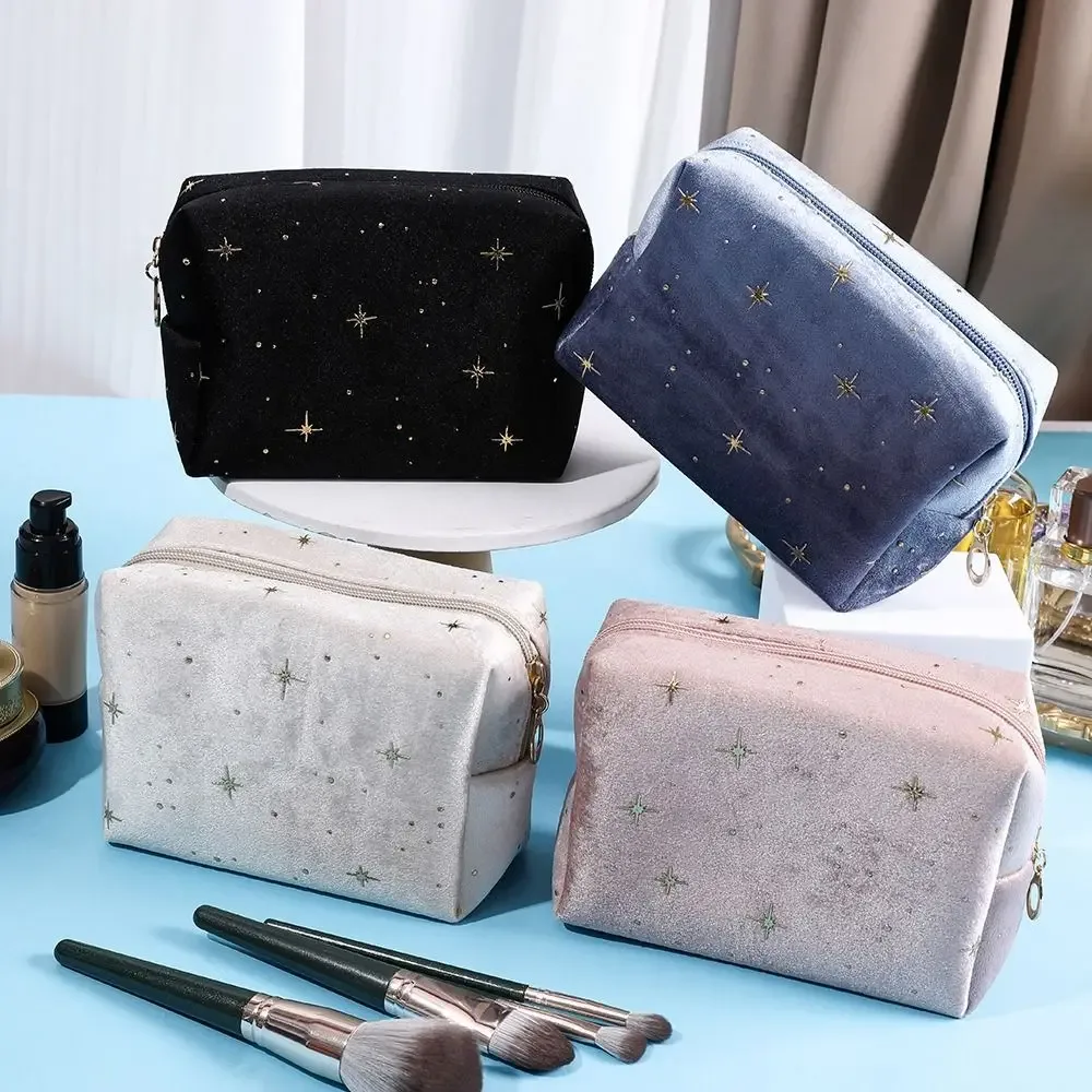trousse de toilette en velours doux pour femme, sac cosmétique portable, motif étoile estampé à chaud, sac de rangement de maquillage avec fermeture éclair, haute qualité
