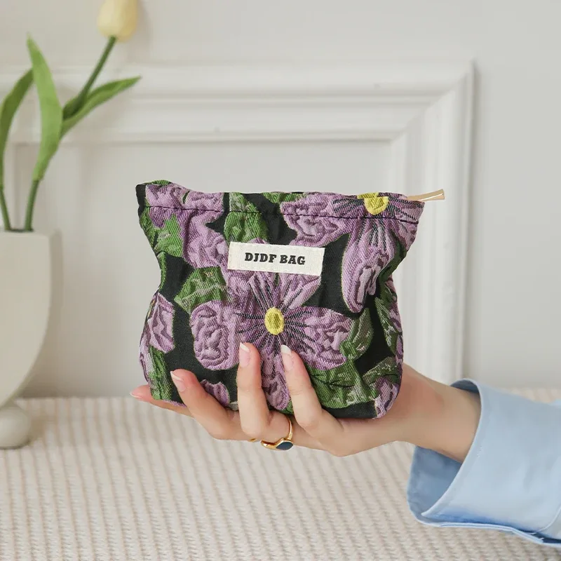 sac à cosmétiques pour femmes, petit sac de rangement vintage à fleurs violettes pour cosmétiques, rouge à lèvres, porte-monnaie portable, porte-carte de banlieue ins