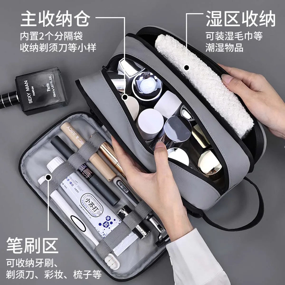 trousse de toilette pour homme à trois couches et grande capacité, sac de rangement cosmétique portable et haut de gamme pour voyage, série elite