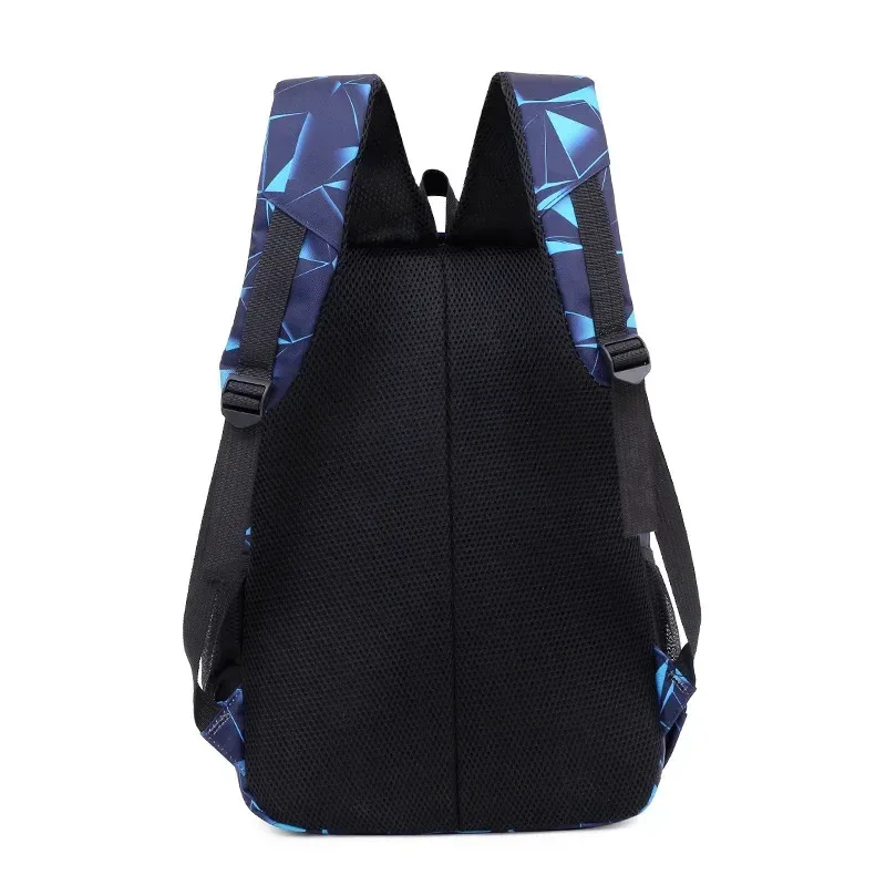 Sac Dos Nylon Noir Motif Géométrique Bleu Blanc Poches Lateral Zipper Usage École Voyage