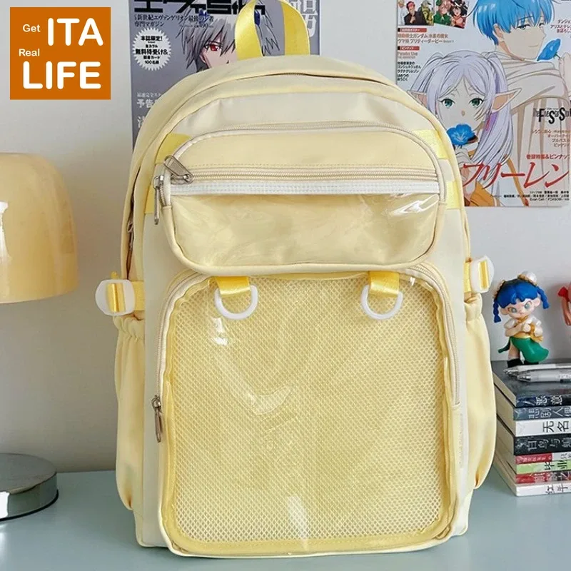 sac à dos ita rose italife big anime avec plaque d'insertion, grand sac itabag jaune kawaii pour femmes, double poche transparente pour affichage de pins h260
