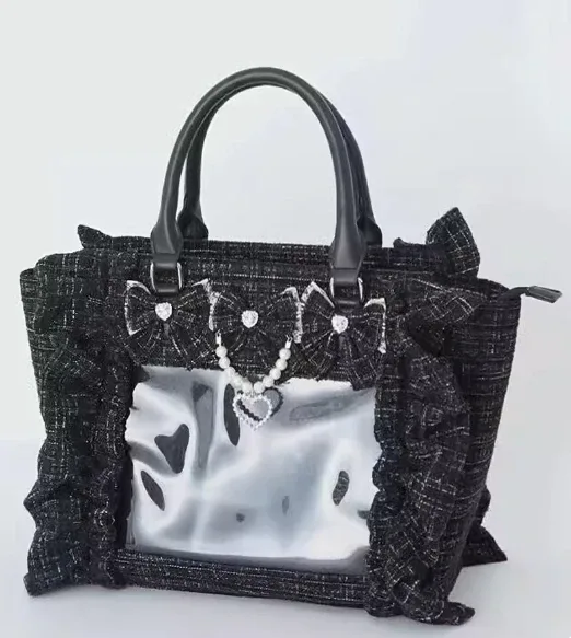 sac à main en dentelle à volants pour femmes et filles, sacoche de style japonais, fourre-tout carré avec nœud papillon en perles, sacs à main portables initiés