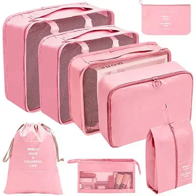 organisateur voyage polyester beige clair tissu imperméable poches maille transparente fermetures glissière poignées intégrées grande taille