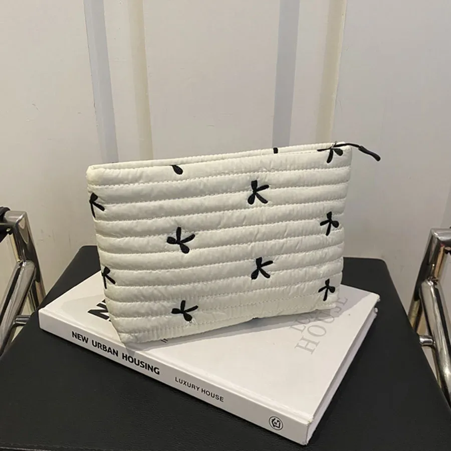 trousse de maquillage mignonne avec fermeture éclair, grande capacité, sac cosmétique brodé avec nœud, sac de rangement pour articles de toilette