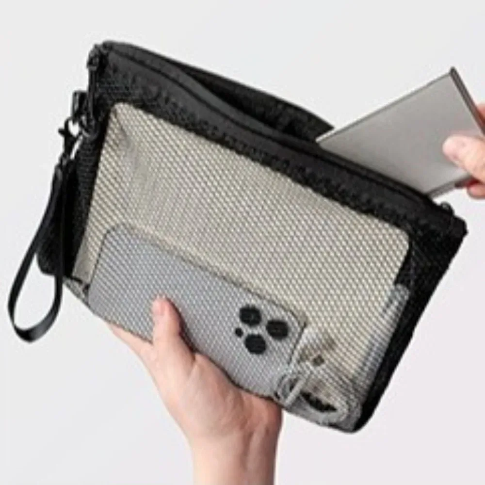 sac de rangement en maille légère avec fermeture éclair, sac à cosmétiques de couleur unie, pochette de maquillage multifonctionnelle en polyester, rangement de maquillage