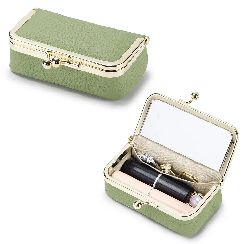 pochette à rouge à lèvres polyvalente et portable, exquise avec miroir de maquillage, sac à bijoux en cuir, couleur unie, sac de rangement anti-perte pour maquillage