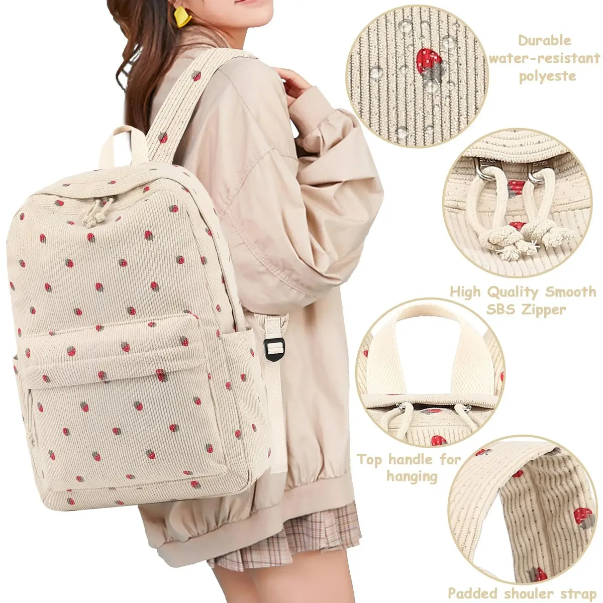 sac dos velours côtelé fleurs beige petit sac pochette poignées doublées poches principales avant usage voyage école