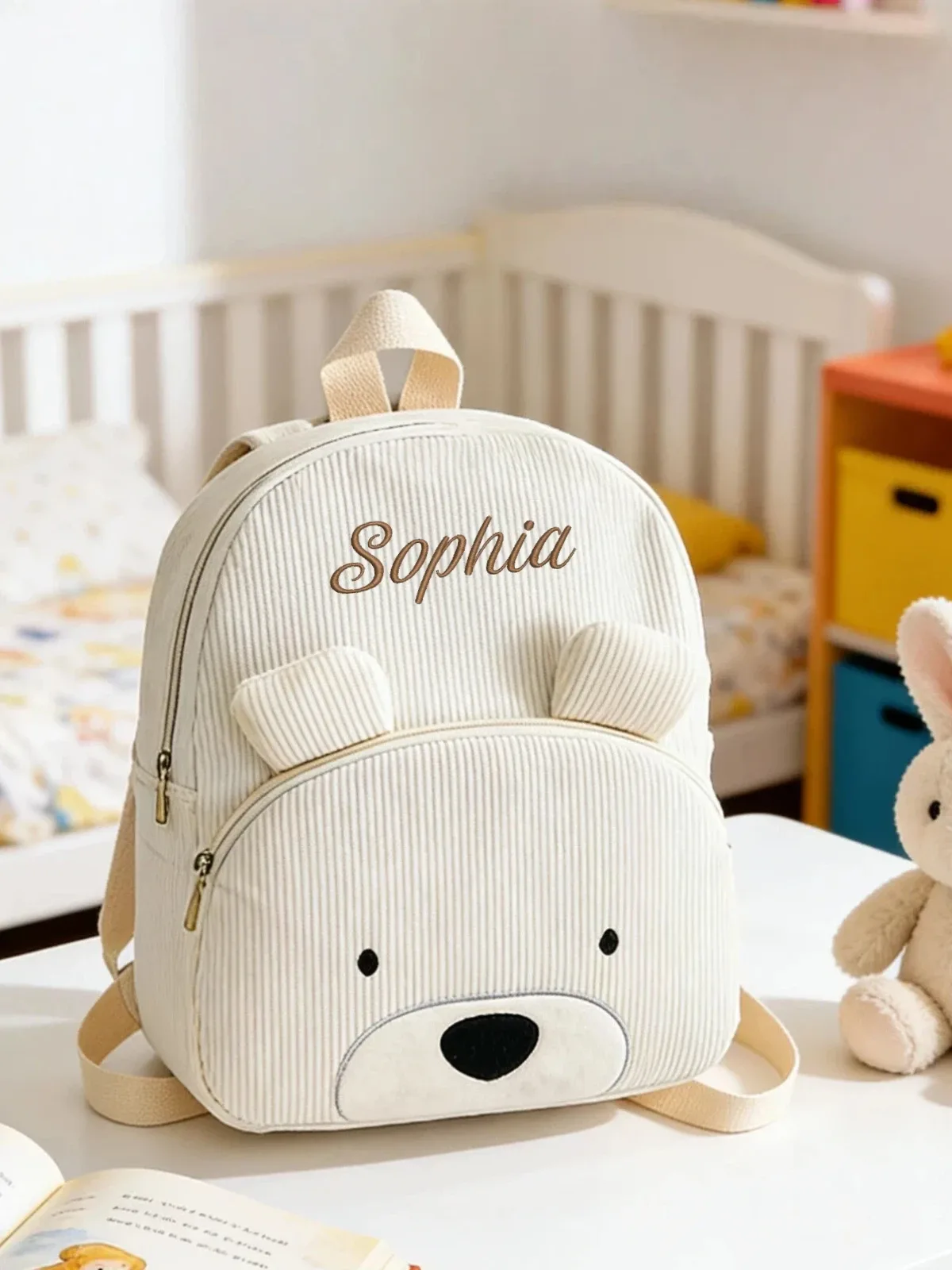 sac à dos de maternelle en velours côtelé, broderie mignonne, nom personnalisé, cartable pour filles et garçons, idéal pour l'école, les voyages quotidiens, cadeau adorable pour enfants.