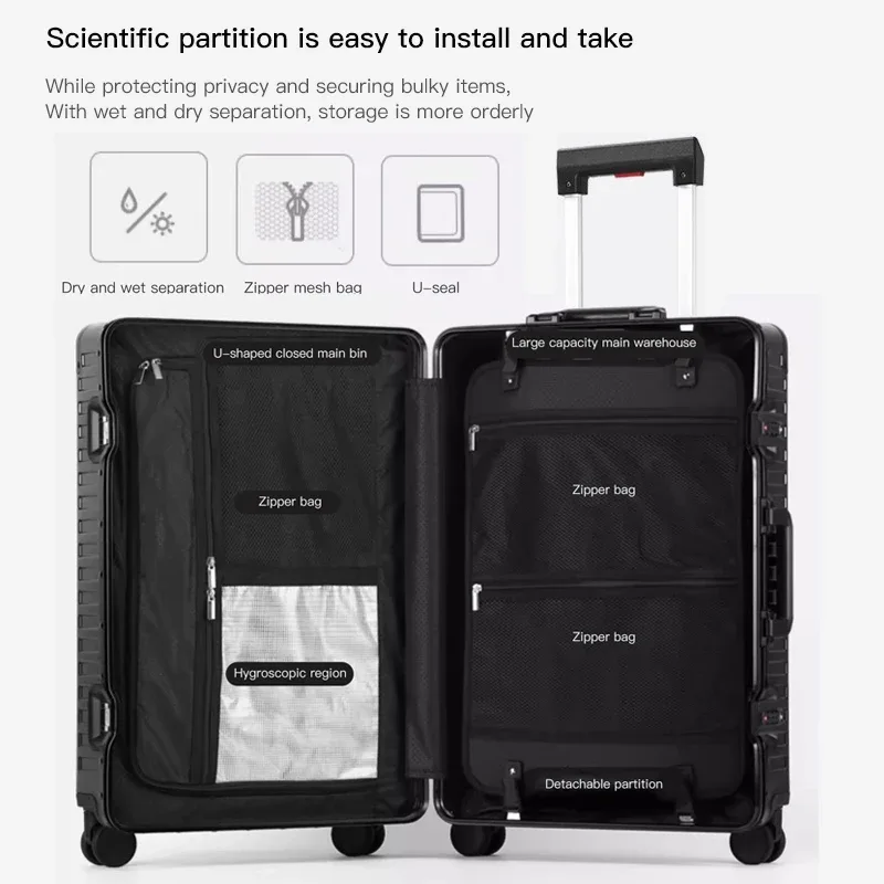 valise à roulettes en aluminium de 20 "24" 28 "pouces, sac à bagages de cabine métallique étanche avec roulettes