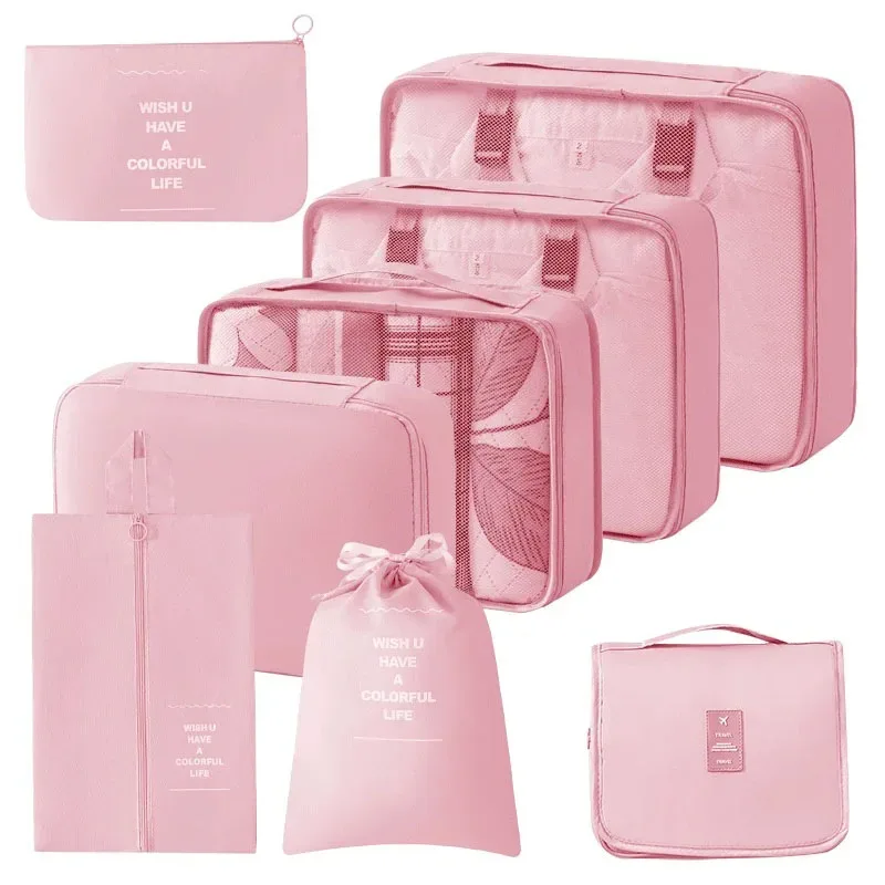 organisateur voyage polyester beige clair cube rangement pliable sac accessoires vêtements chaussures tranches bandes noires fonctionnel
