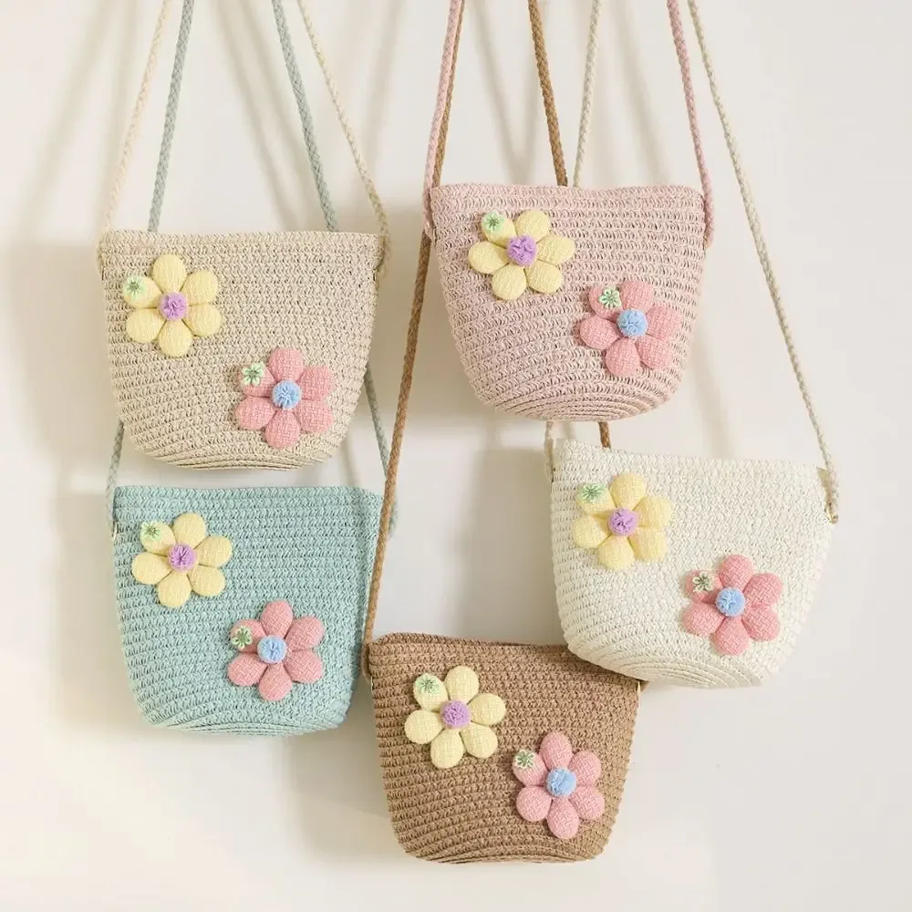 sac à main en paille tissé à la main pour fille, porte-monnaie à fleurs, sacoches à fermeture éclair pour enfant, accessoires photo, panier de rangement, sac à main à bandoulière