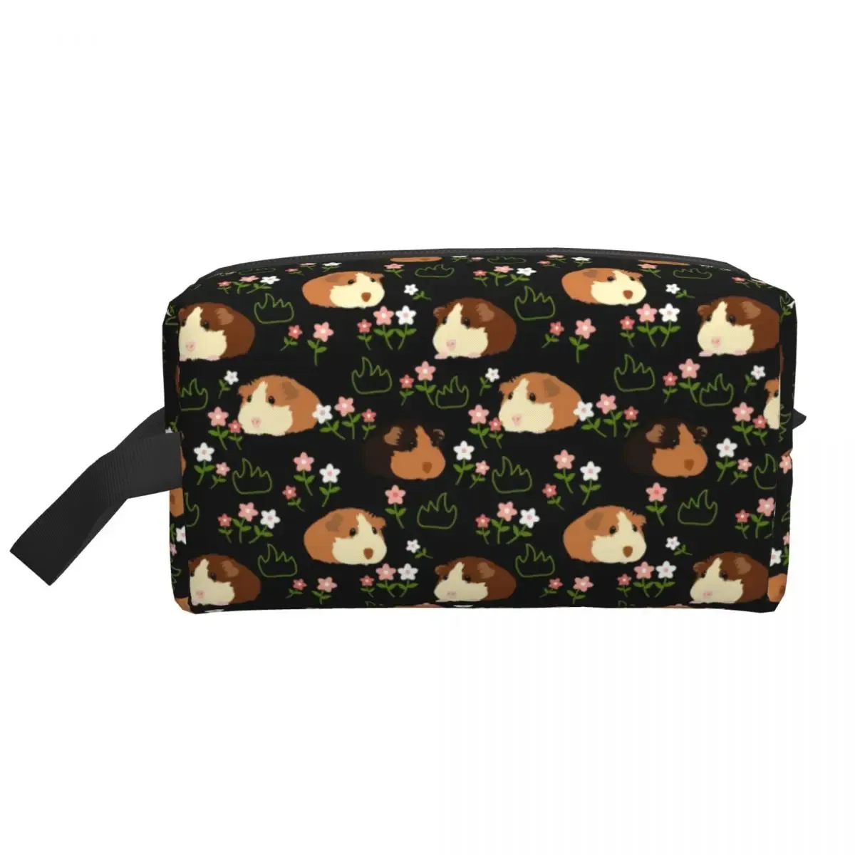 trousse de maquillage personnalisée cochon d'inde et fleurs pour femme, trousse de toilette de voyage cosmétique, rangement animal kawaii