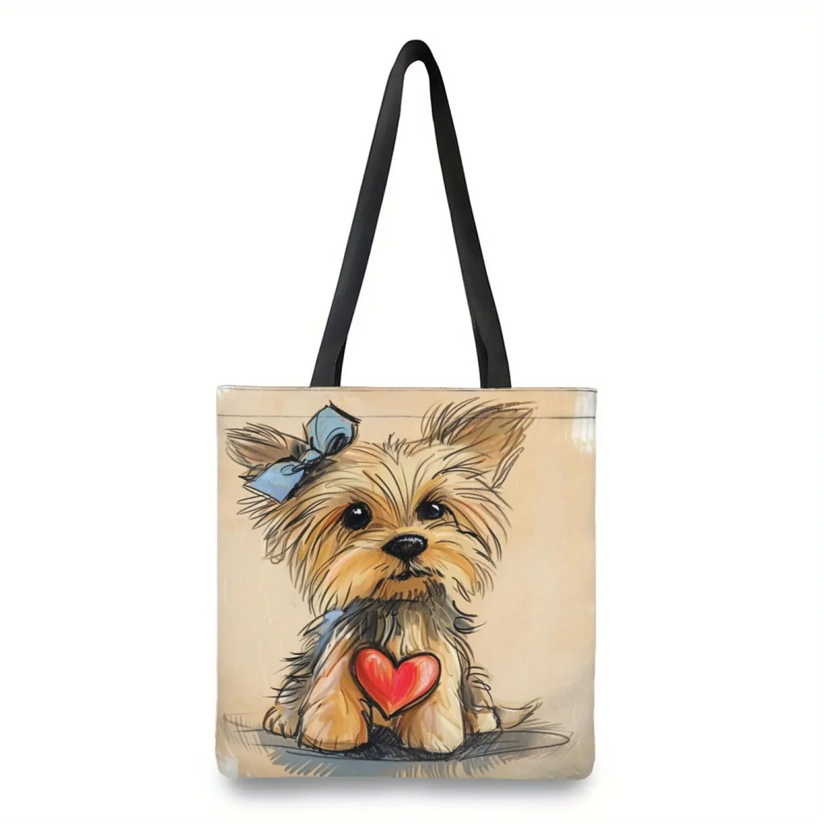 1pc adorable sac fourre-tout imprimé chien yorkshire thème animal polyester sac à bandoulière de shopping réutilisable avec détail de coeur sac à main de voyage