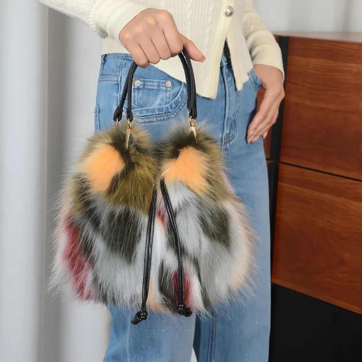 sac à main tendance en fausse fourrure pour femme, collection automne-hiver, sac seau de luxe, sac fourre-tout en fausse fourrure de raton laveur, sac à main haut de gamme