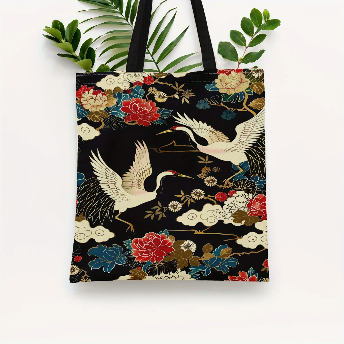 sac fourre-tout d'inspiration japonaise avec grue et imprimé floral, sans fermeture, sans doublure, sac de courses durable et réutilisable