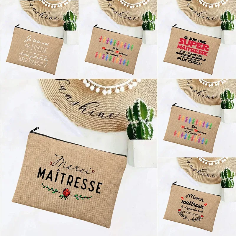 cadeau maitresse école cadeau maitresse trousse de maquillage sacs de maquillage en lin merci professeur impression française simple bracelet pochette plage papeterie stockage voyage organisateur étui cadeaux