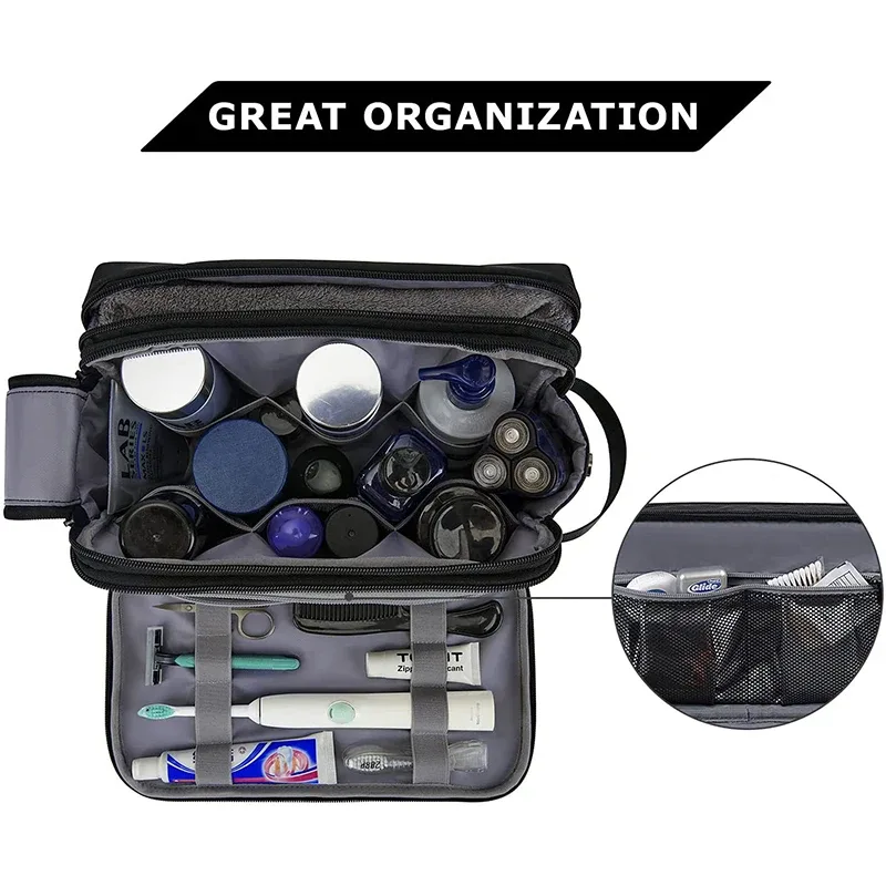 trousse polyester noire organisée voyage cosmétique rasoir maquillage humidifiant sècheporte ordonnancement bouteille pliante extensible