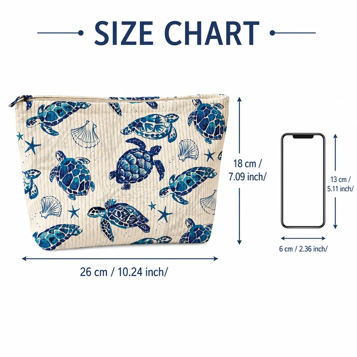 trousse de maquillage en velours côtelé bleu tortue marine grande capacité, organisateur de toilette de voyage pour femmes, essentiels de vacances à la plage
