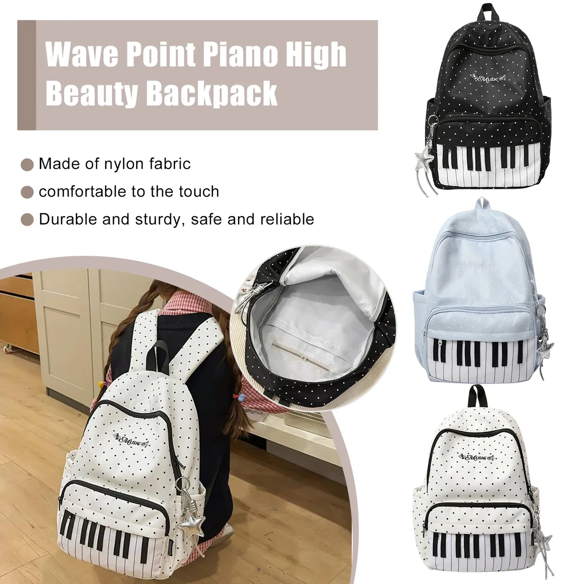 sac à dos décontracté en nylon 16,9 pouces à pois avec motif clavier de piano et pendentif pour adolescentes, idéal pour les voyages, le shopping et l'usage quotidien