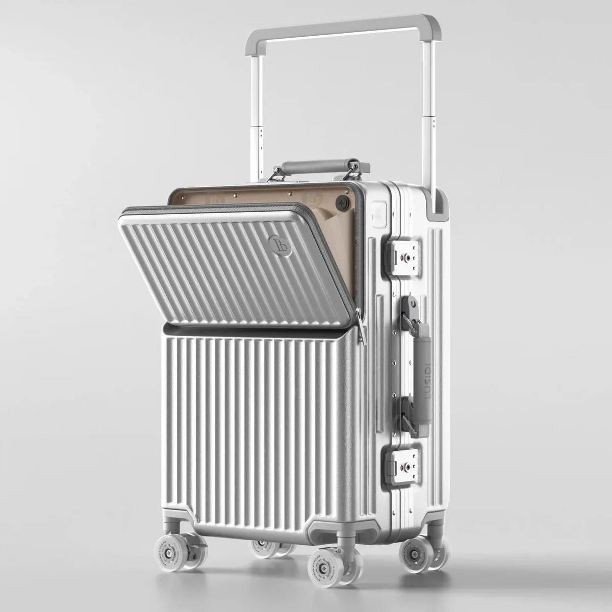 valise à ouverture frontale avec poignée large, cadre en aluminium, serrure tsa, coque rigide, bagage à roulettes 20 pouces, bagage cabine pour voyage