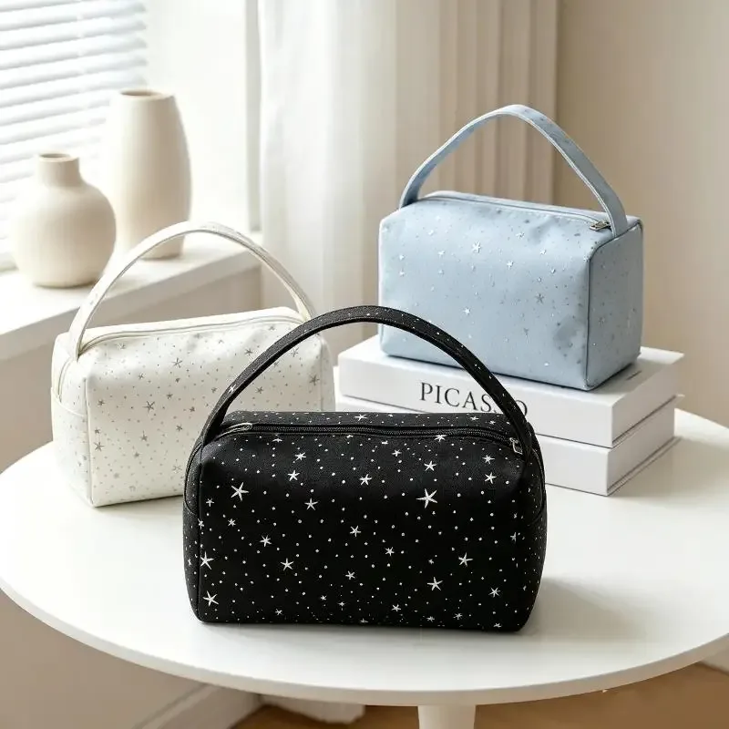 sac de rangement pour cosmétiques en nylon à motif étoilé, grande capacité, poignée portable, trousse de toilette imperméable pour les voyages.