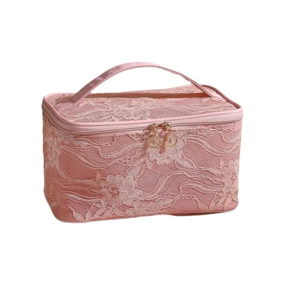 trousse de maquillage élégante en dentelle couleur unie florale avec poignée, sac de rangement cosmétique multifonctionnel grande capacité, trousse de toilette pour fête