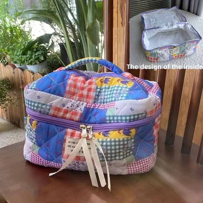 sacs à cosmétiques rétro à fleurs pour femmes, sac de rangement portable de voyage de grande capacité, trousse de maquillage à carreaux floraux pour filles