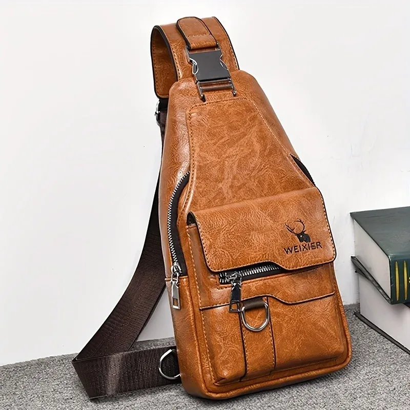 sac à bandoulière vintage étanche en pu, 1 pièce, anti-taches, grande capacité, sac de poitrine décontracté pour voyage en plein air, sac à bandoulière à la mode