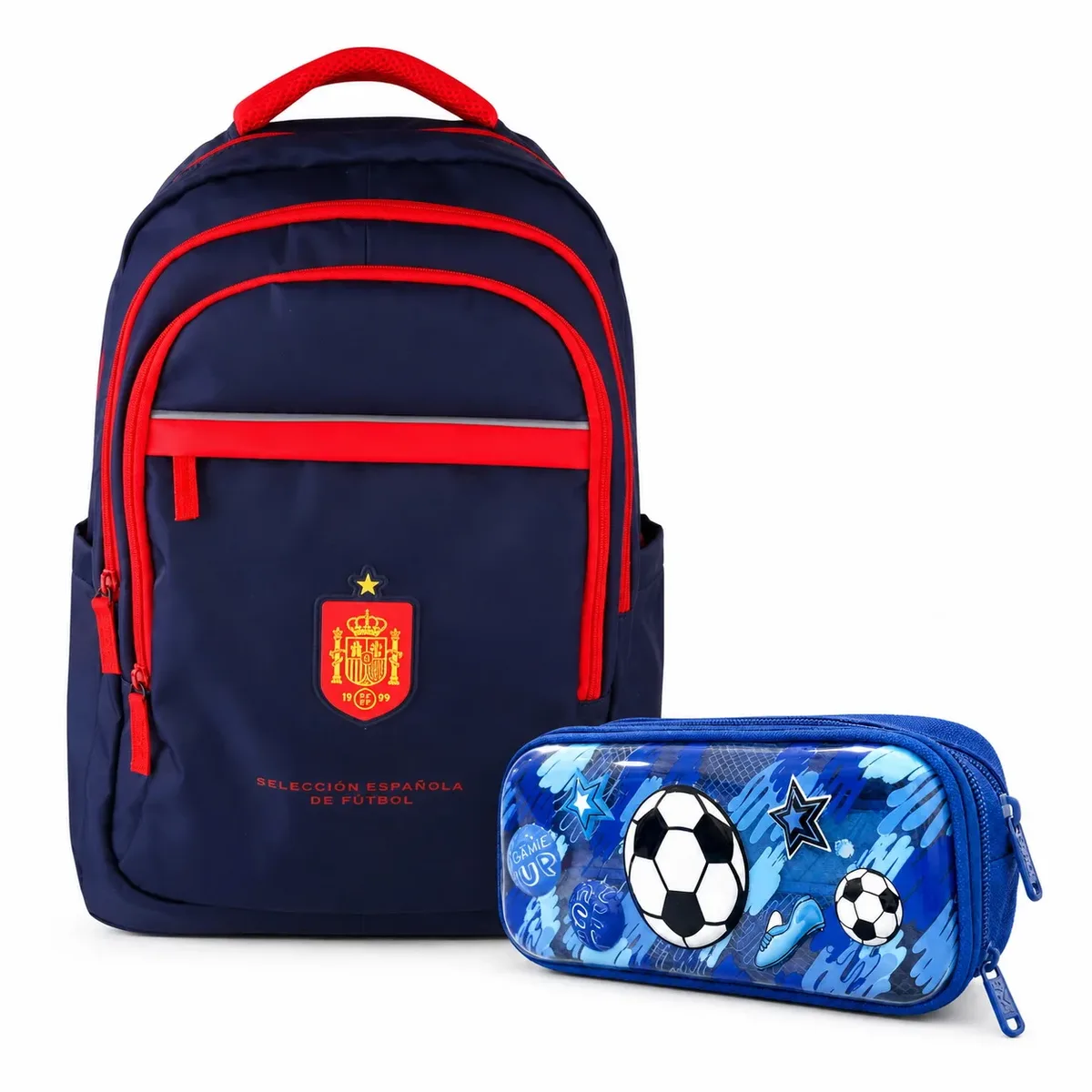 sac à dos scolaire la roja de l'équipe nationale de football espagnole "la roja", produit officiel sous licence. sac à dos de football de l'équipe nationale 43x30x18cm rouge et bleu marine avec compartiments.