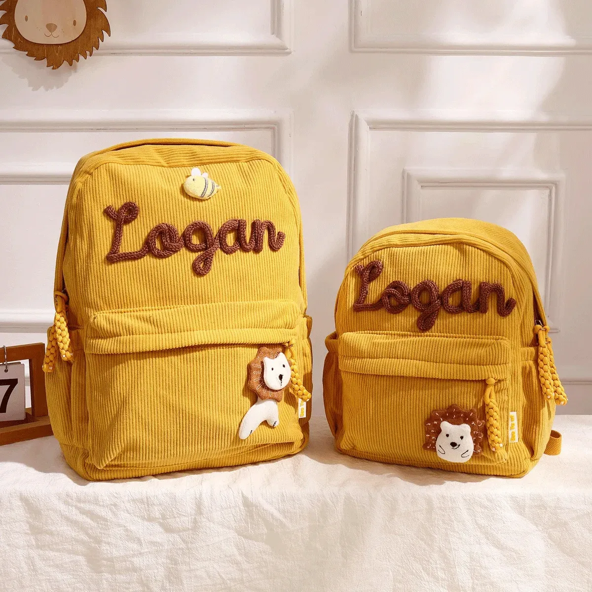 sacs à dos personnalisés en velours côtelé – sacs à dos brodés sur mesure, décorations florales/animalières, styles parent-enfant, sac pour sœur/frère
