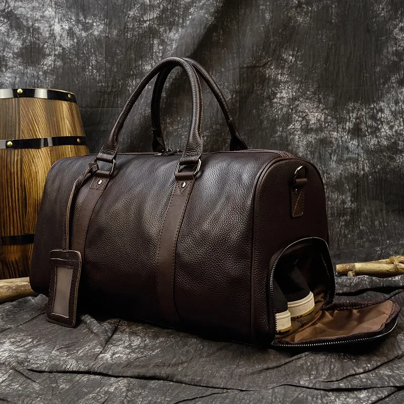 Sac de voyage de luxe en cuir véritable pour hommes et femmes, sac à main en cuir de vache, sac à bandoulière de voyage, sac de sport pour week-end