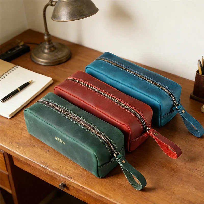 sac de voyage personnalisé en cuir véritable pour cosmétiques, gravure de lettres, pochette vintage en cuir crazy horse, sac de rangement personnalisé